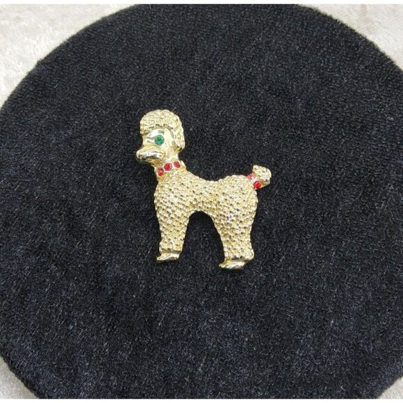 Vintage Womens Gold Tone Green and Red Rhinestones Poodle Brooch - Picture 1 of 3
